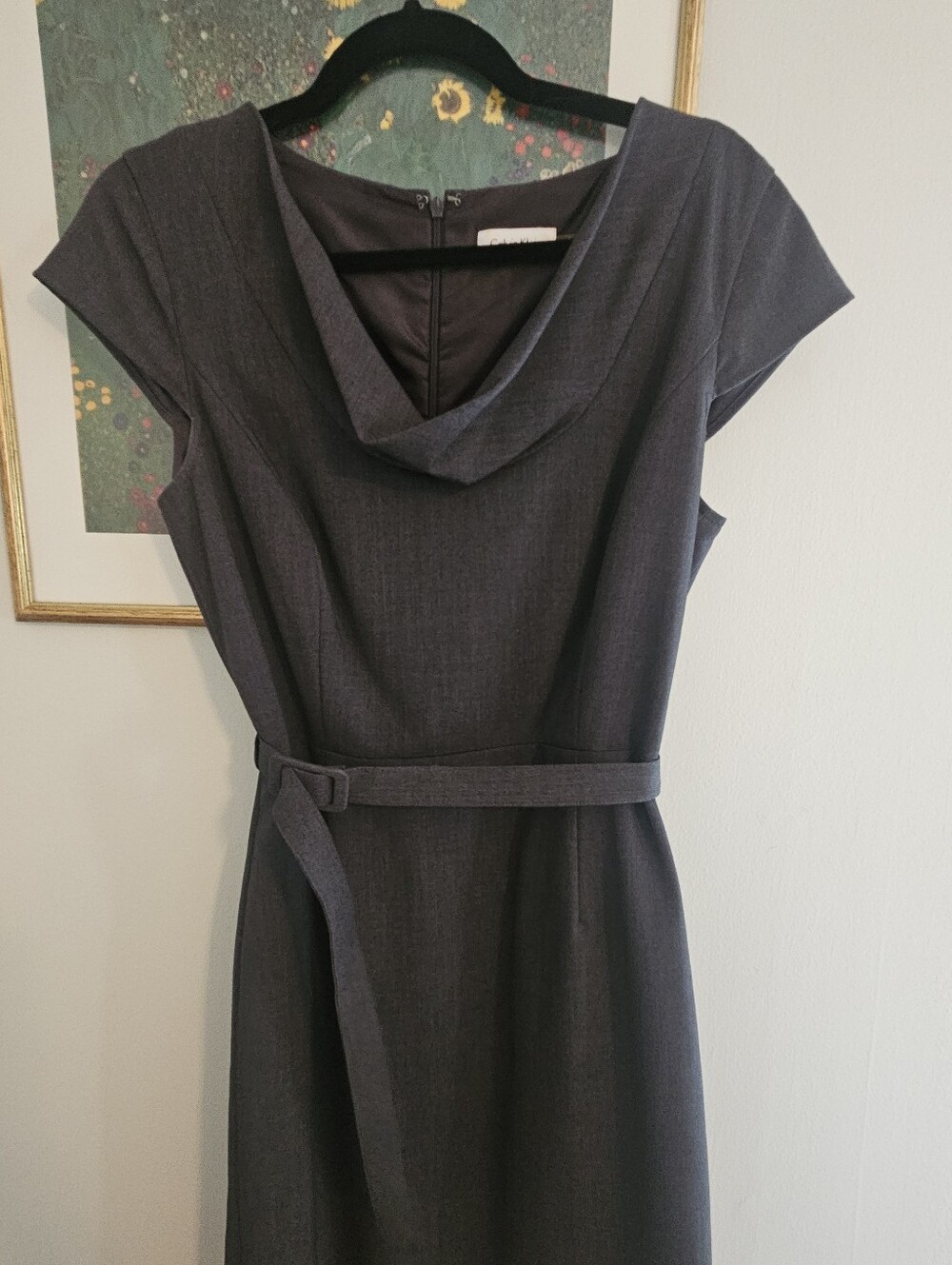 CALVIN KLEIN Classic Gray Cowl Neck Sheath Dress with Belt